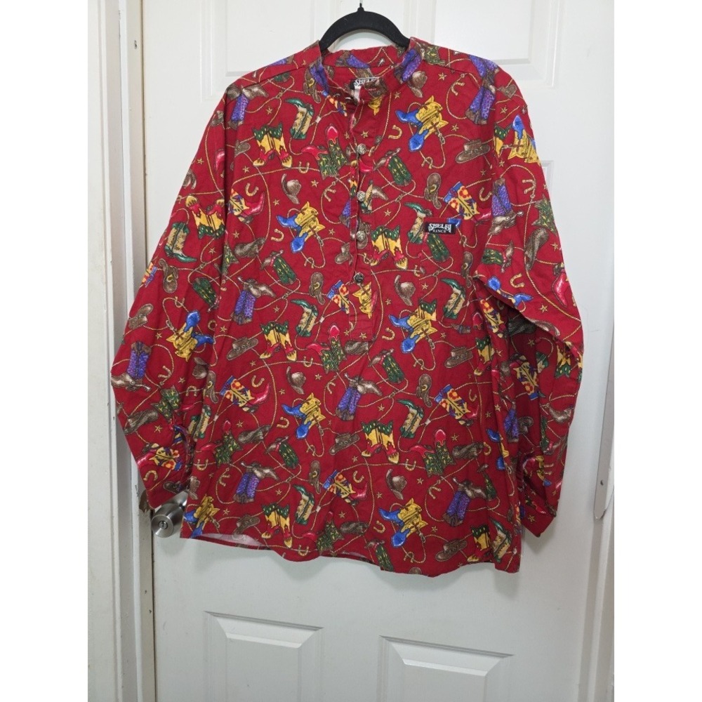 VTG Shelby Ranch Western Pullover Shirt Men XL Red Cowboy Boot Print Made in USA